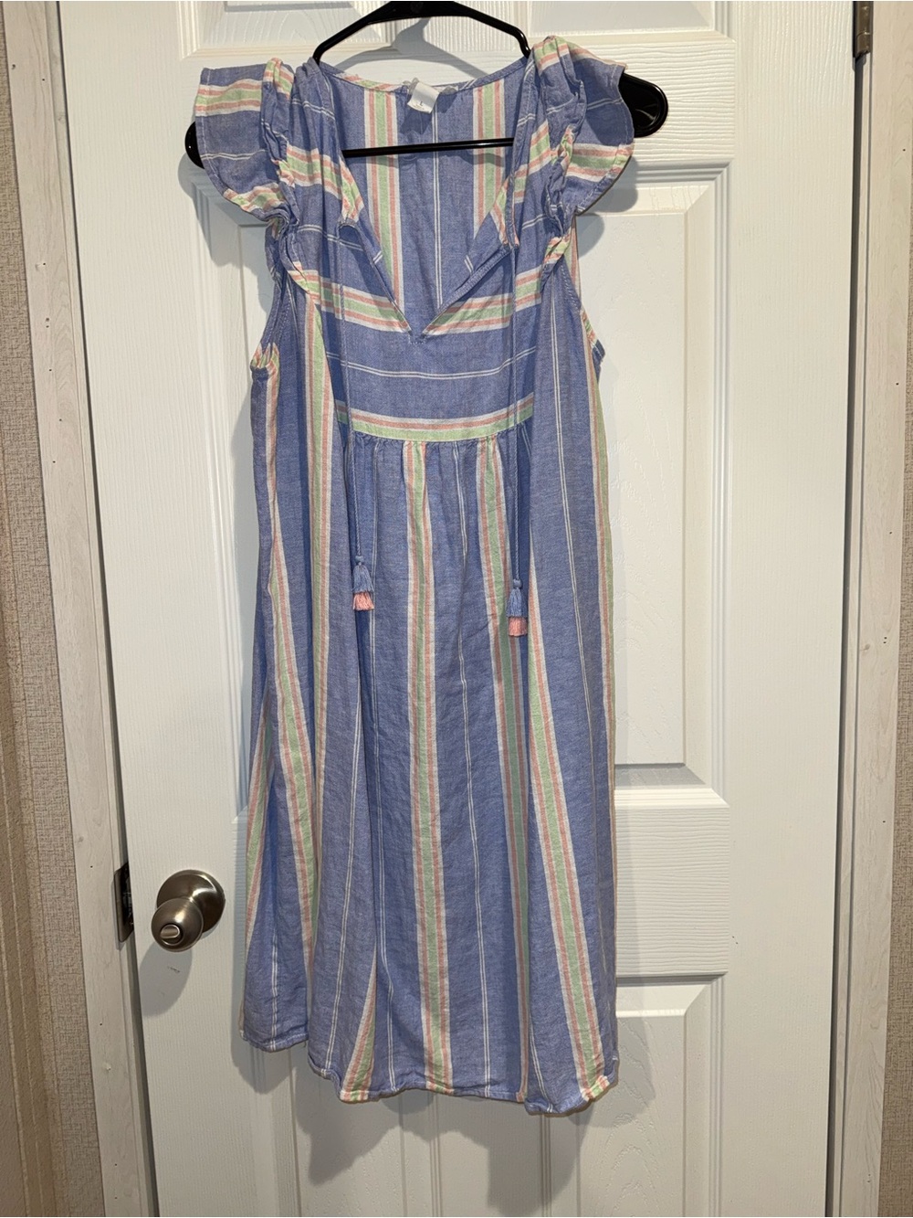 LOFT Blue Striped Midi Dress with Pastel Accents